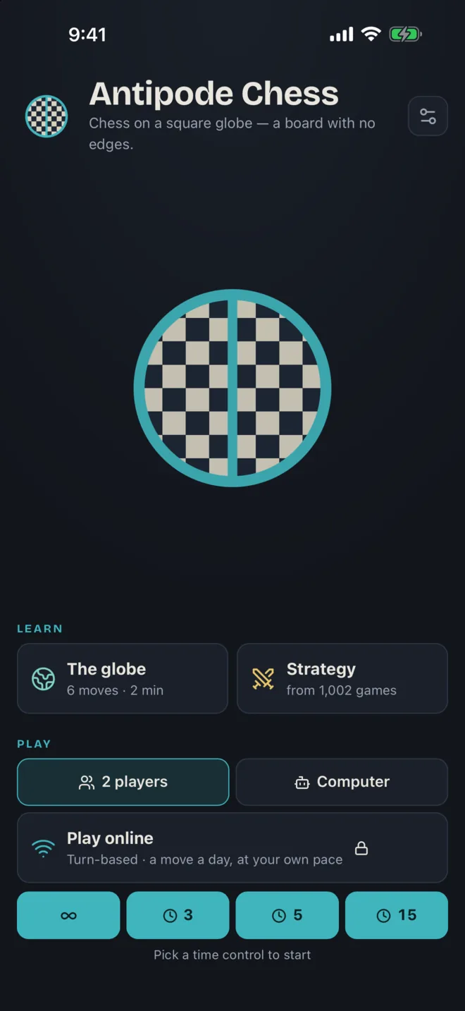 The Antipode Chess main menu, showing the square-globe board and the learn and play options
