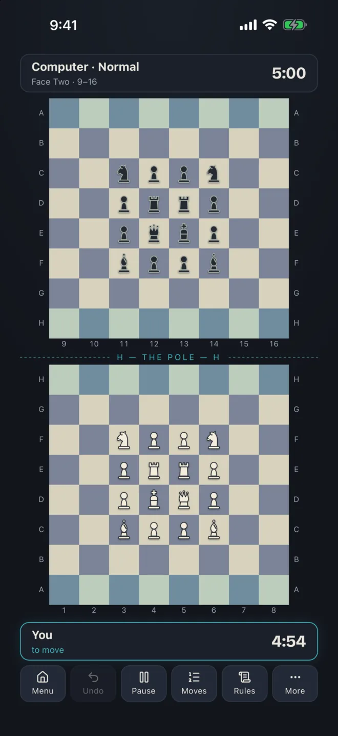 A game in progress against the computer, showing both faces of the globe, the shared pole, the clocks and the move controls
