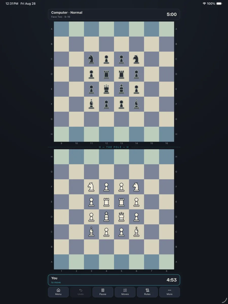 Antipode Chess on iPad, showing both faces of the globe side by side during a game
